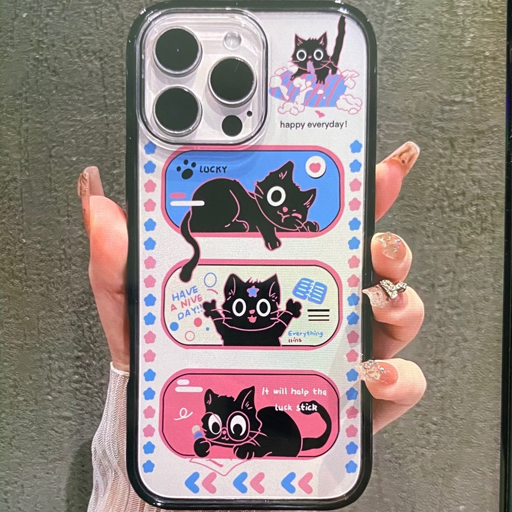 Cute Black Cat Graphic Phone Case in Pink & Blue